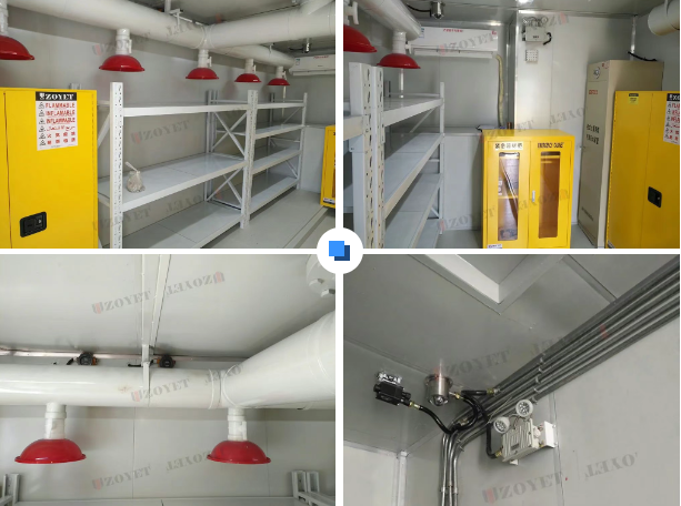 The interior of the container can be equipped with shelves, flammable cabinets and PPE cabinets