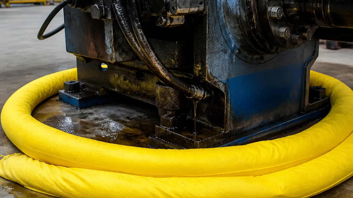 a bright yellow oil only absorbent sock coiled around the base of a leaking hydraulic machine on a concrete shop floor, industrial editorial lighting